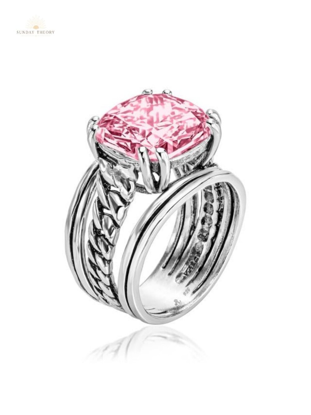 925 Sterling Silver Ring Vintage Curb Chain Cushion CZ Statement Women's Jewelry